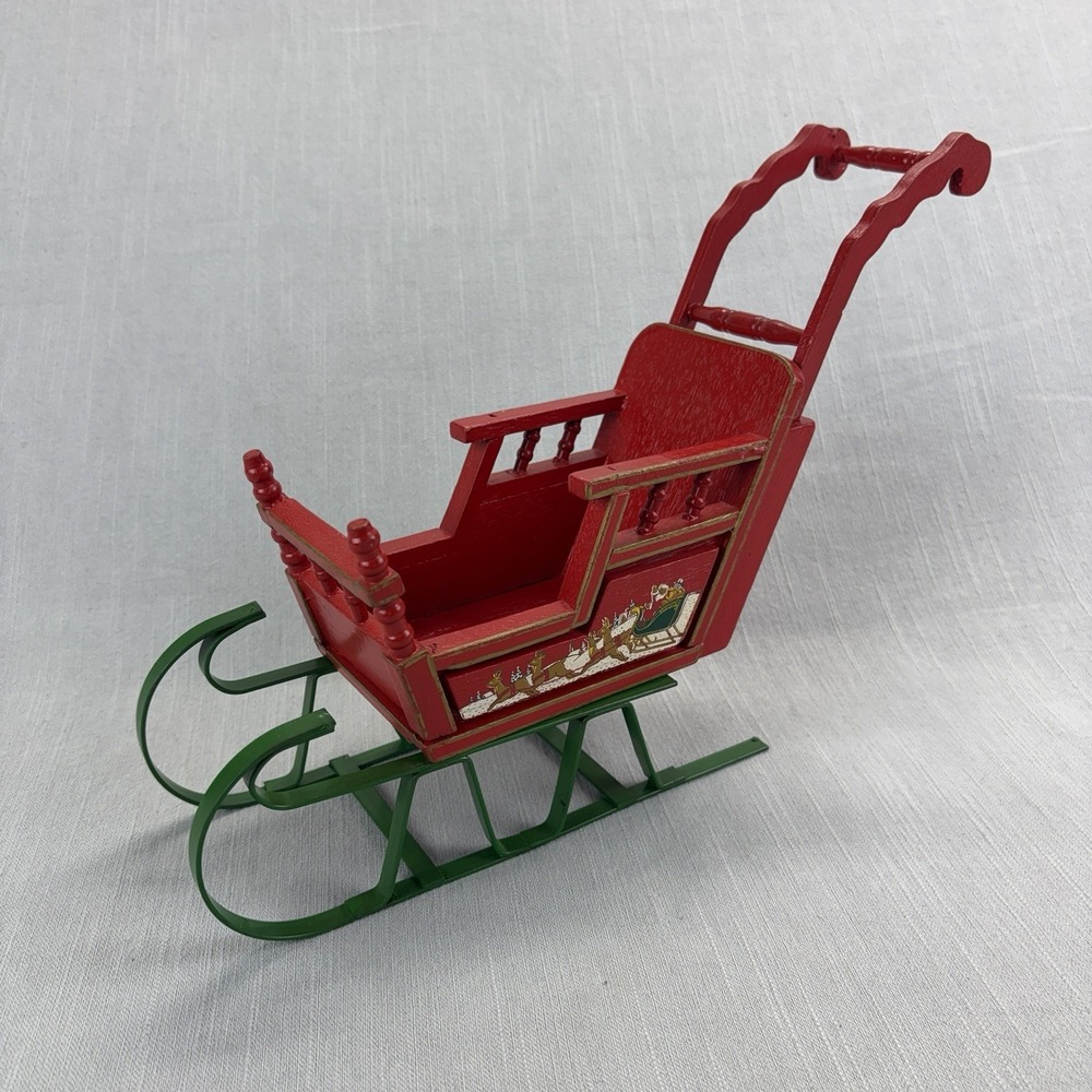 Vintage Christmas Santa Sleigh Wood Metal Tabletop Decoration Red Green Reindeer